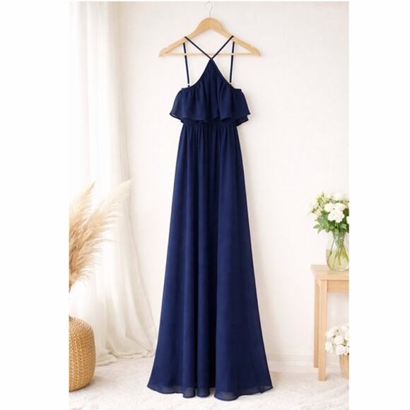 Show Me Your MuMu Rebecca Ruffle Dress XS Navy Bridesmaid Dress Blue - Picture 10 of 10